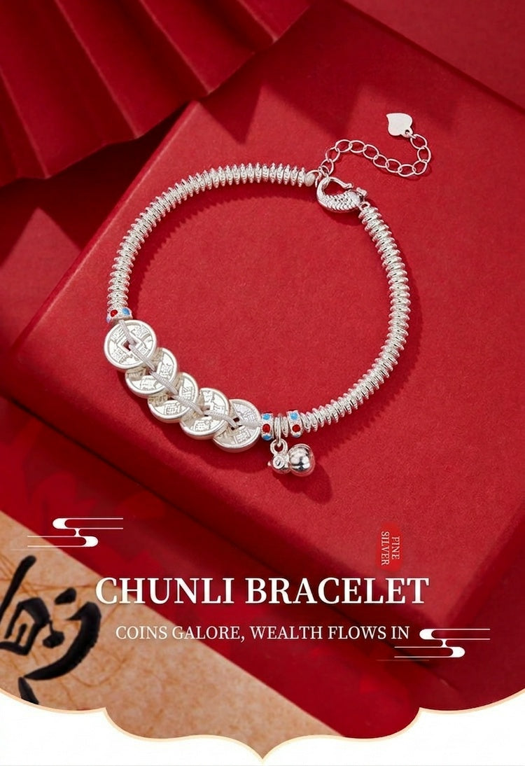 925 Pure Silver Lucky Coin Bracelet – Chinese Feng Shui Wealth Bracelet, Vintage Fortune Charm Jewelry for Women