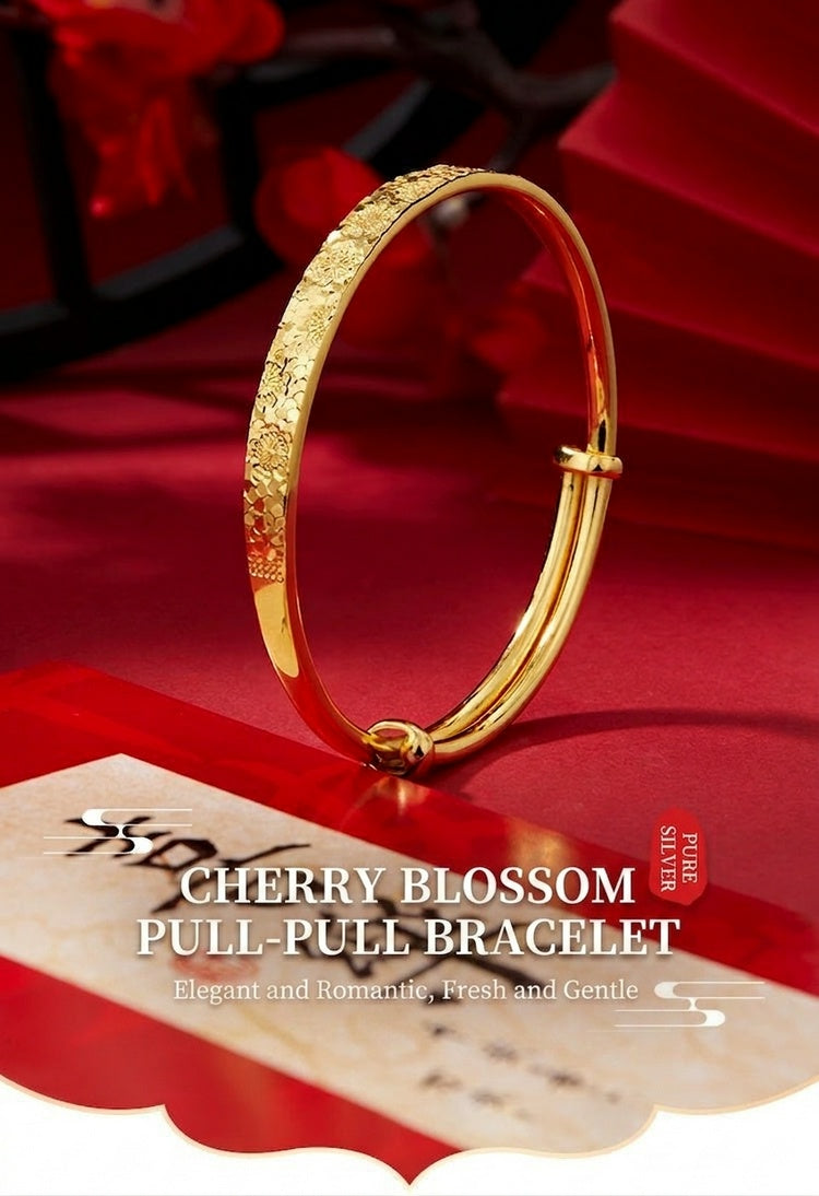 925 Pure Silver Sakura Adjustable Bangle – Vintage Chinese Floral Bracelet, Luxury Gold Tone Push-Pull Cuff Jewelry for Women
