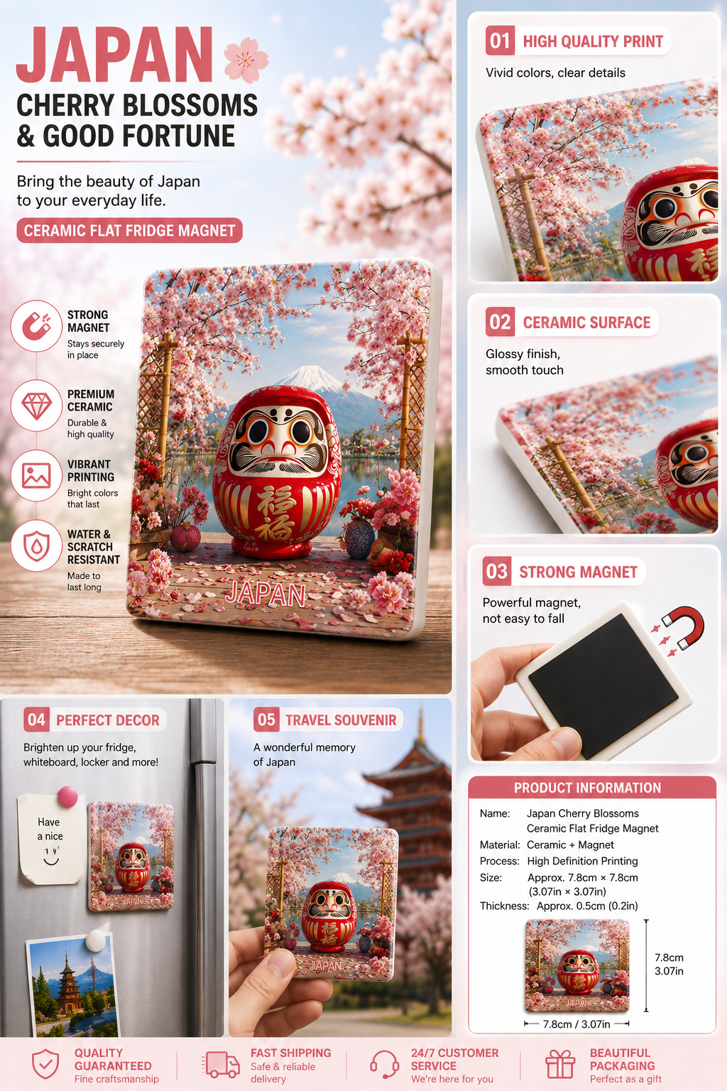 Japan Sakura Daruma Fridge Magnet – Cherry Blossom Ceramic Refrigerator Magnet | Japanese Lucky Charm Travel Souvenir & Aesthetic Home Decor