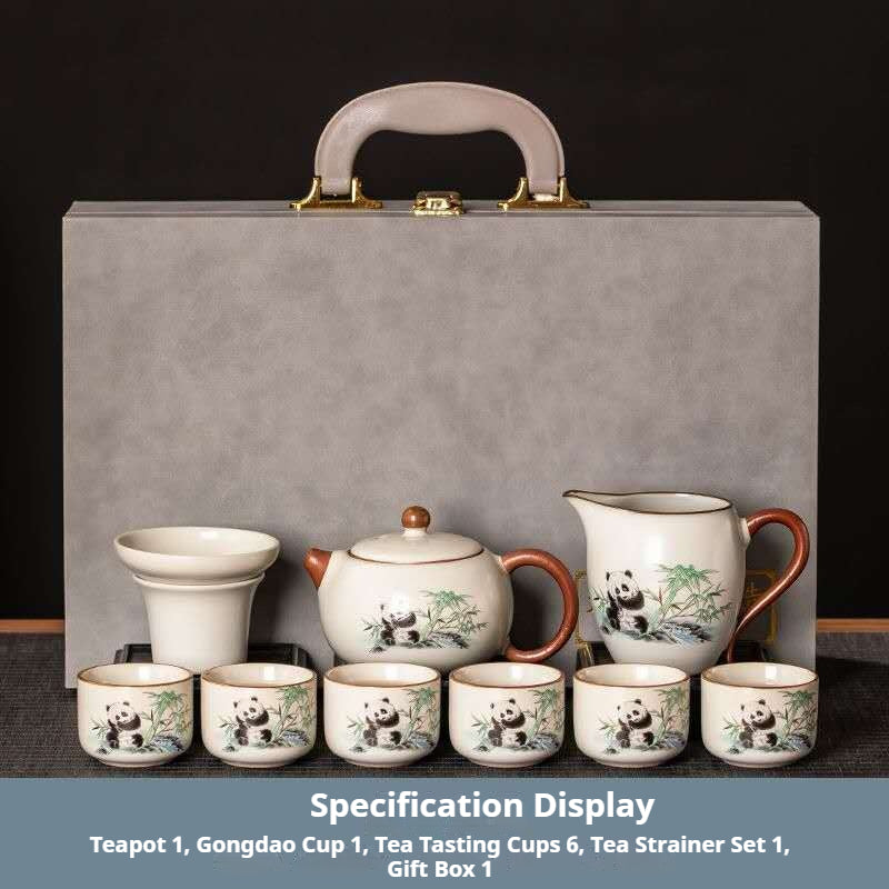 Panda Gongfu Tea Set with Teapot - 9-Piece Chinese Ceramic Panda Tea Ceremony Kit in Luxury Gift Box | Bamboo Panda Design