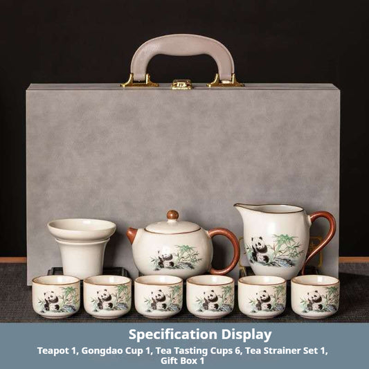 Panda Gongfu Tea Set with Teapot - 9-Piece Chinese Ceramic Panda Tea Ceremony Kit in Luxury Gift Box | Bamboo Panda Design