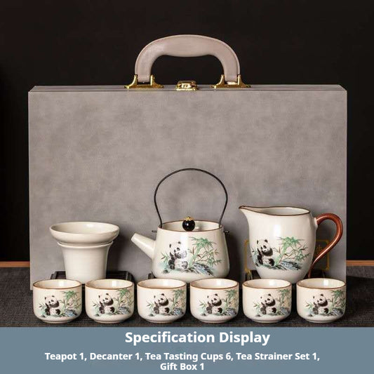 Panda Gongfu Tea Set with Wire Handle Teapot - 9-Piece Chinese Ceramic Panda Tea Ceremony Kit in Luxury Gift Box | Bamboo Panda Design