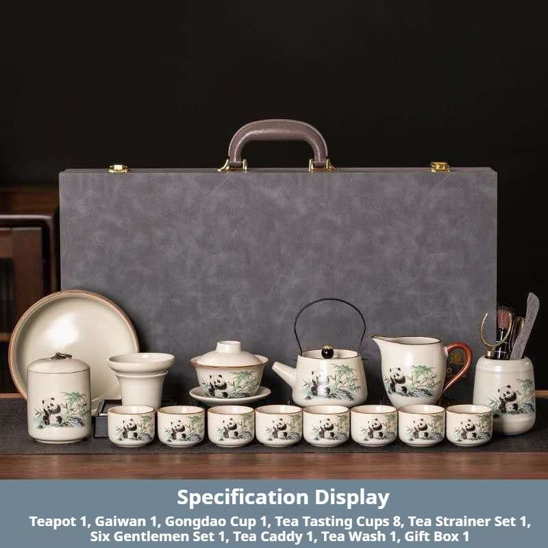 Luxury 16-Piece Panda Gongfu Tea Set - Full Chinese Ceramic Panda Tea Ceremony Kit with Wire Handle Teapot & Gift Box | Bamboo Panda Design