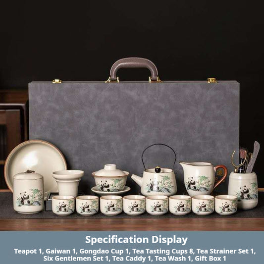 Luxury 16-Piece Panda Gongfu Tea Set - Full Chinese Ceramic Panda Tea Ceremony Kit with Wire Handle Teapot & Gift Box | Bamboo Panda Design