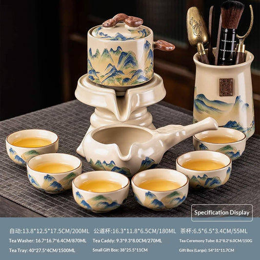Luxury Automatic Mountain Landscape Gongfu Tea Set - 10-Piece Chinese Ceramic Tea Ceremony Kit with Tea Tools | Blue-Green Paintin