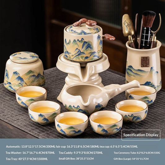 Deluxe Automatic Mountain Landscape Gongfu Tea Set - 11-Piece Chinese Ceramic Tea Ceremony Kit with Tea Tools & Leaf Jar | Blue-Green Painting