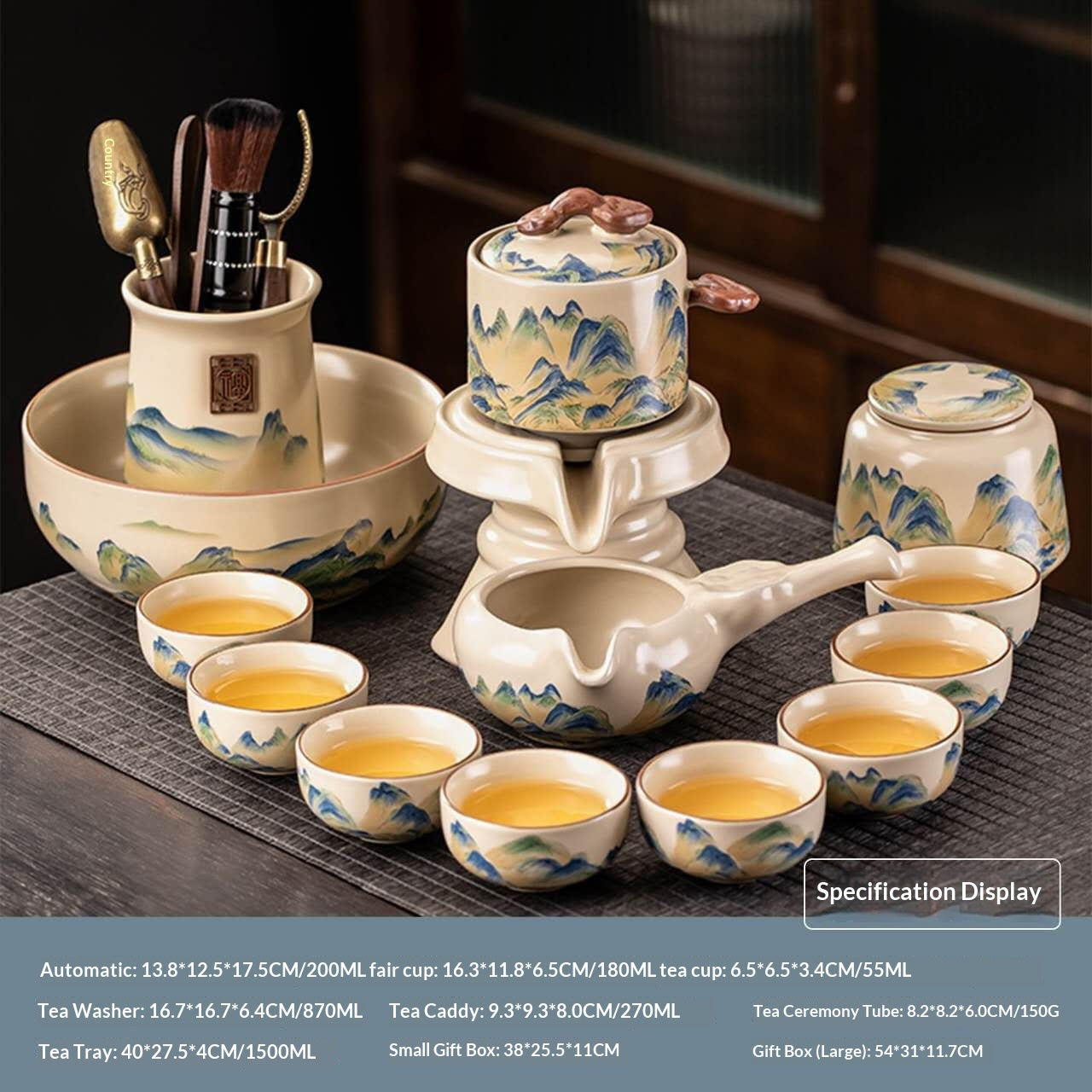 Ultimate Deluxe Automatic Mountain Landscape Gongfu Tea Set - 12-Piece Chinese Ceramic Tea Ceremony Kit with Full Tools & Large Tray | Blue-Green Painting