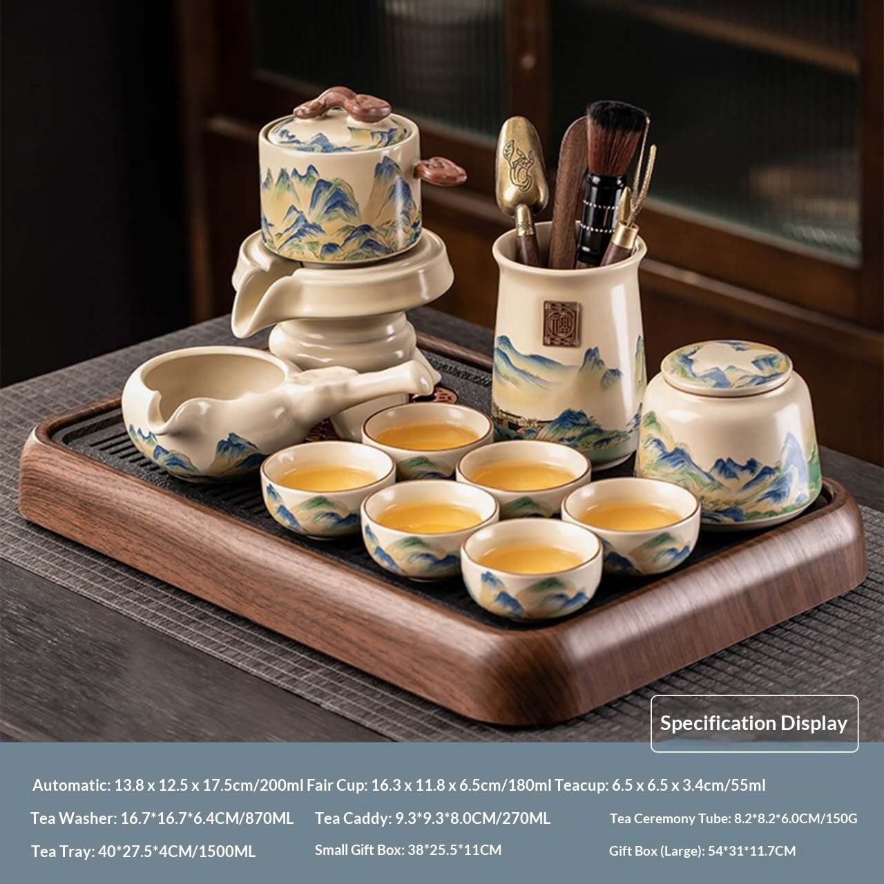Ultimate Deluxe Automatic Mountain Landscape Gongfu Tea Set with Wooden Tray - 12-Piece Chinese Ceramic Tea Ceremony Kit | Blue-Green Painting