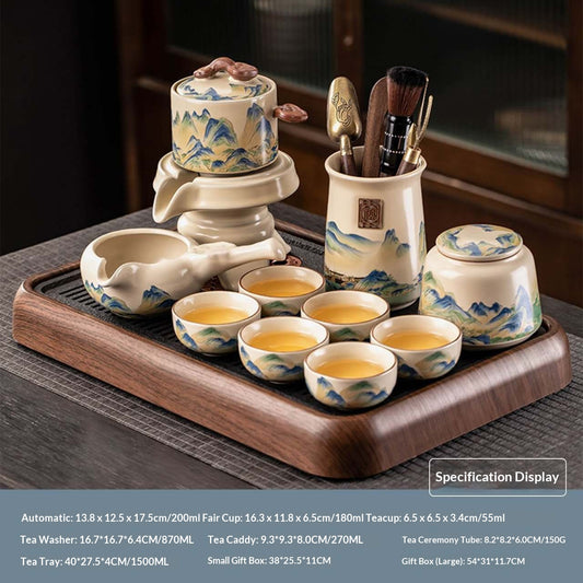 Ultimate Deluxe Automatic Mountain Landscape Gongfu Tea Set with Wooden Tray - 12-Piece Chinese Ceramic Tea Ceremony Kit | Blue-Green Painting