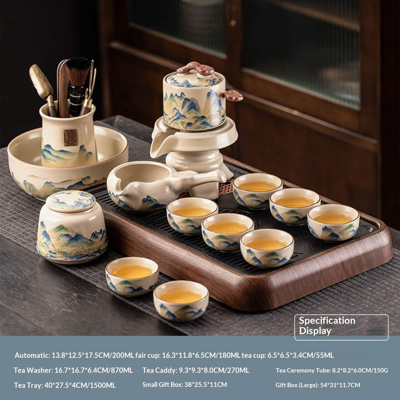 Deluxe Automatic Mountain Landscape Gongfu Tea Set with Wooden Tray - Full 14-Piece Chinese Ceramic Tea Ceremony Kit | Blue-Green Painting