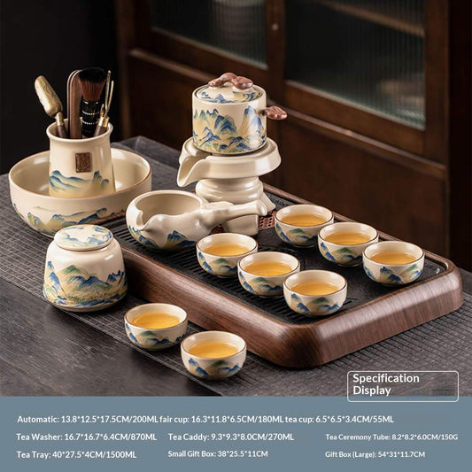 Deluxe Automatic Mountain Landscape Gongfu Tea Set with Wooden Tray - Full 14-Piece Chinese Ceramic Tea Ceremony Kit | Blue-Green Painting