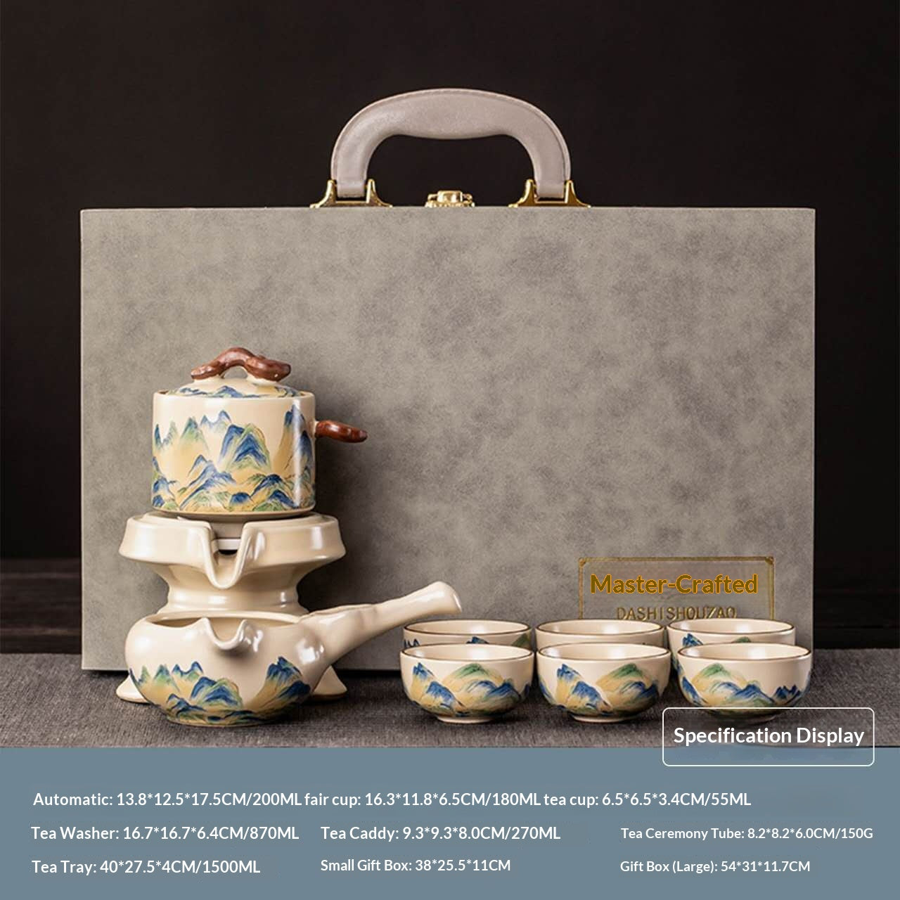 Luxury Automatic Mountain Landscape Gongfu Tea Set in Gift Box - 10-Piece Chinese Ceramic Tea Ceremony Kit | Blue-Green Painting Master Handmade