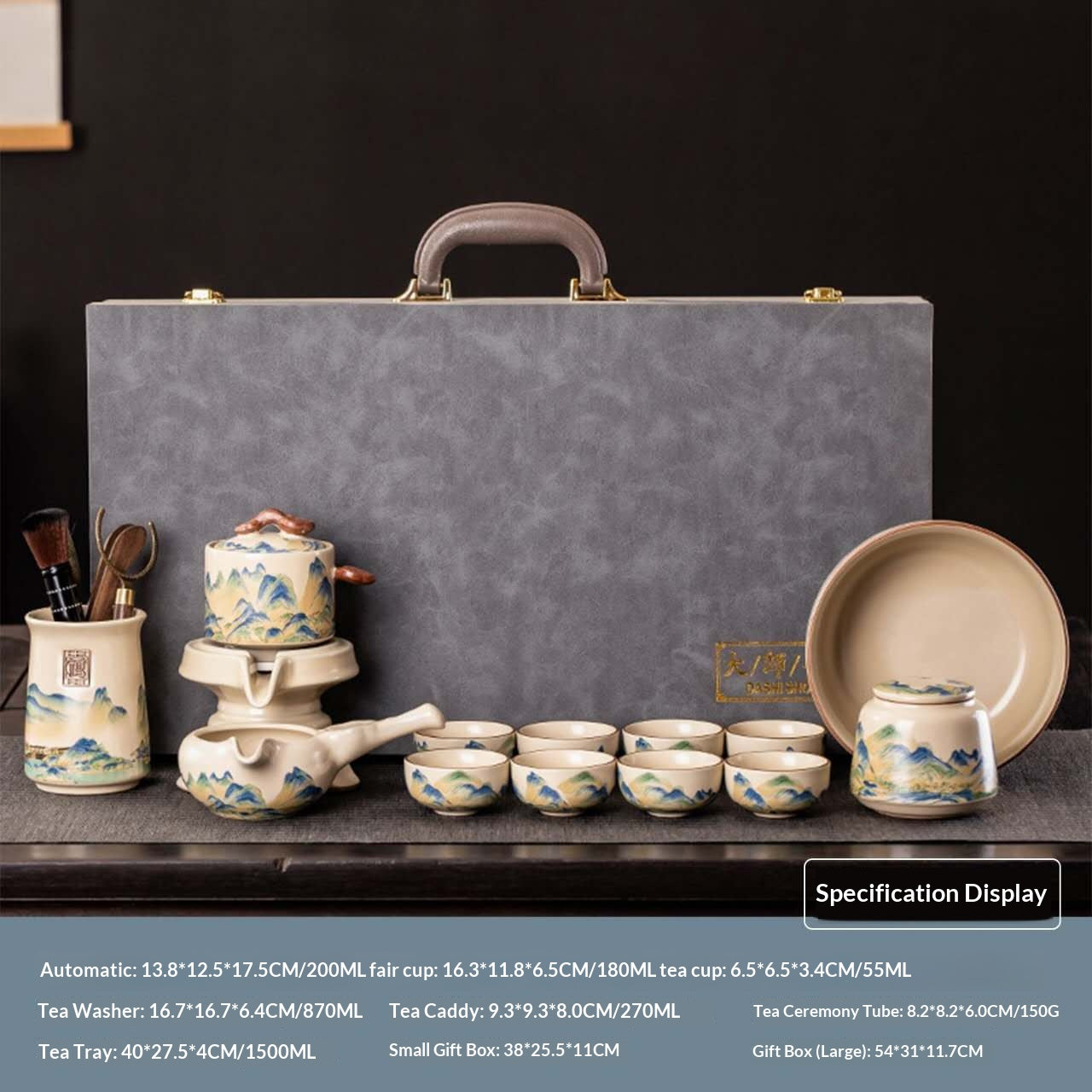 Ultimate Deluxe Automatic Mountain Landscape Gongfu Tea Set - 14-Piece Chinese Ceramic Tea Ceremony Kit in Luxury Gift Box | Blue-Green Painting