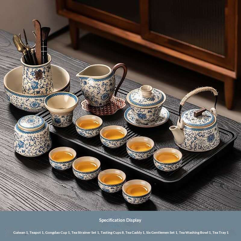 Ultimate Deluxe Blue and White Porcelain Gongfu Tea Set - 15-Piece Chinese Qinghua Floral Kit with Gaiwan, Rope Handle Teapot & Full Tools | Classic Peony Ceramic Ceremony Set
