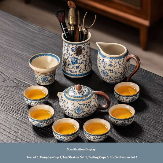 Deluxe Blue and White Porcelain Gongfu Tea Set with Tools - 11-Piece Chinese Qinghua Floral Teapot Kit | Classic Peony Ceramic Ceremony Set