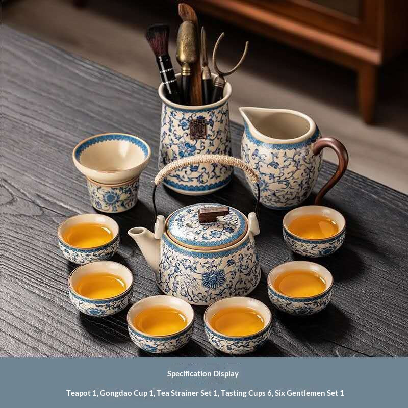 Blue and White Porcelain Gongfu Tea Set with Rope Handle - 11-Piece Deluxe Chinese Qinghua Floral Kit with Tools | Classic Peony Ceramic Ceremony Set
