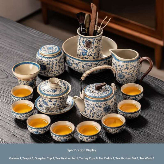 Ultimate Deluxe Blue and White Porcelain Gongfu Tea Set with Rope Handle - 15-Piece Chinese Qinghua Floral Kit | Classic Peony Gaiwan & Teapot Ceremony Set
