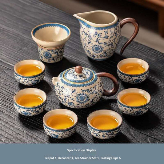 Blue and White Porcelain Gongfu Tea Set - 9-Piece Chinese Qinghua Floral Teapot & Decanter Kit with Strainer | Classic Peony Ceramic Ceremony Set