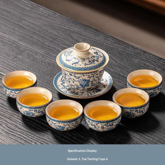 Blue and White Porcelain Gongfu Tea Set - 7-Piece Chinese Peony Floral Teapot Set | Classic Qinghua Ceramic Tea Ceremony Kit