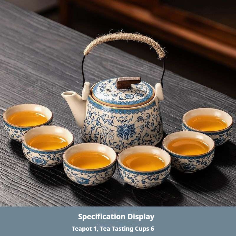 Blue and White Porcelain Gongfu Tea Set with Rope Handle - 7-Piece Chinese Qinghua Floral Teapot Set | Classic Peony Ceramic Tea Ceremony Kit