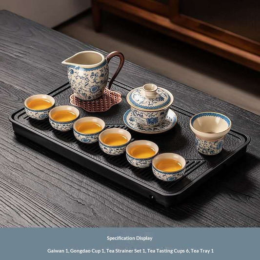 Blue and White Porcelain Gongfu Tea Set with Gaiwan & Teapot - 10-Piece Chinese Qinghua Floral Kit with Drainage Tray | Classic Peony Ceramic Ceremony Set