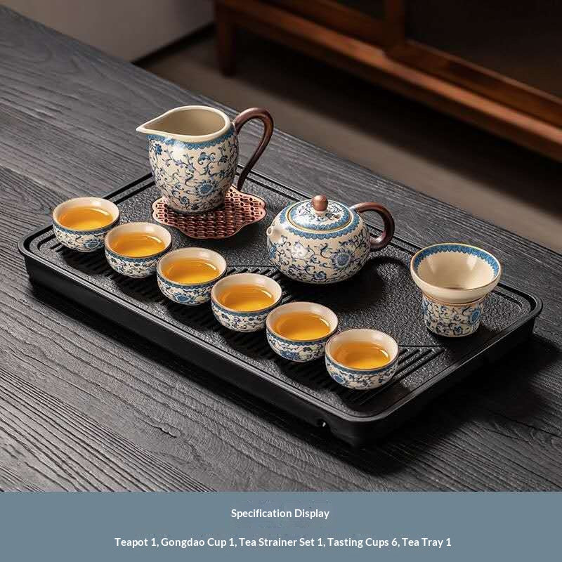 Blue and White Porcelain Gongfu Tea Set with Drainage Tray - 10-Piece Chinese Qinghua Floral Teapot Kit | Classic Peony Ceramic Ceremony Set