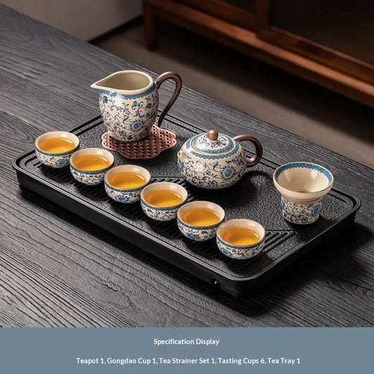 Blue and White Porcelain Gongfu Tea Set with Drainage Tray - 10-Piece Chinese Qinghua Floral Teapot Kit | Classic Peony Ceramic Ceremony Set