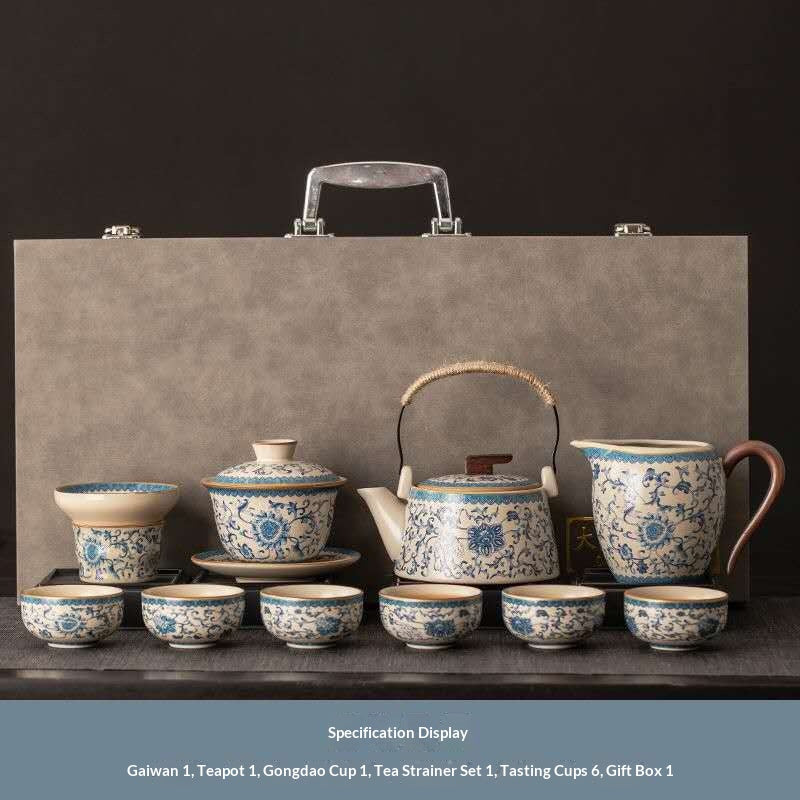 Blue and White Porcelain Gongfu Tea Set with Rope Handle Teapot & Gaiwan - 10-Piece Chinese Qinghua Floral Kit in Luxury Gift Box | Classic Peony Ceramic Ceremony Set