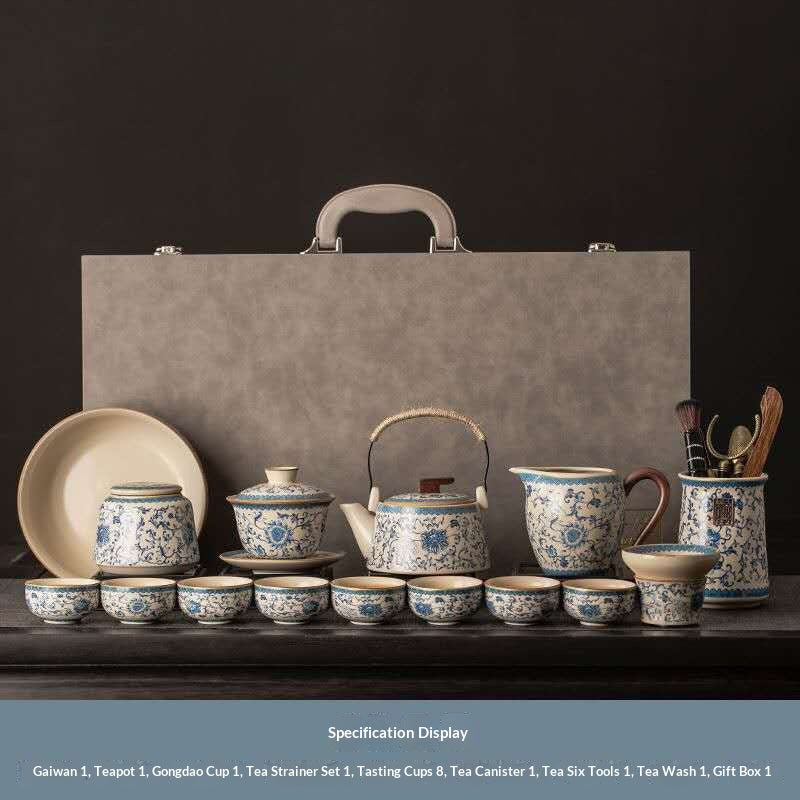 Ultimate Deluxe Blue and White Porcelain Gongfu Tea Set - 15-Piece Chinese Qinghua Floral Kit with Gaiwan, Rope Handle Teapot & Full Tools | Classic Peony Ceramic Ceremony Set