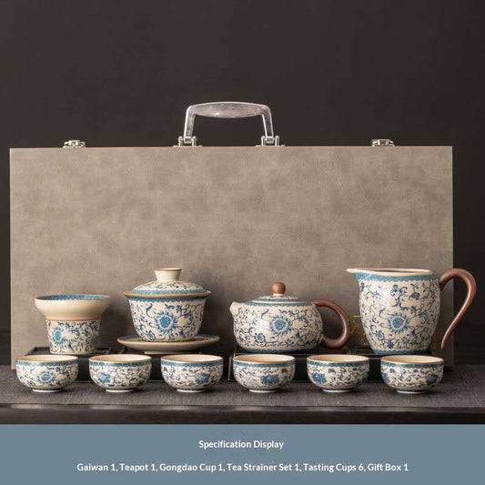Blue and White Porcelain Gongfu Tea Set with Gaiwan & Teapot - 10-Piece Chinese Qinghua Floral Kit in Luxury Gift Box | Classic Peony Ceramic Ceremony Set