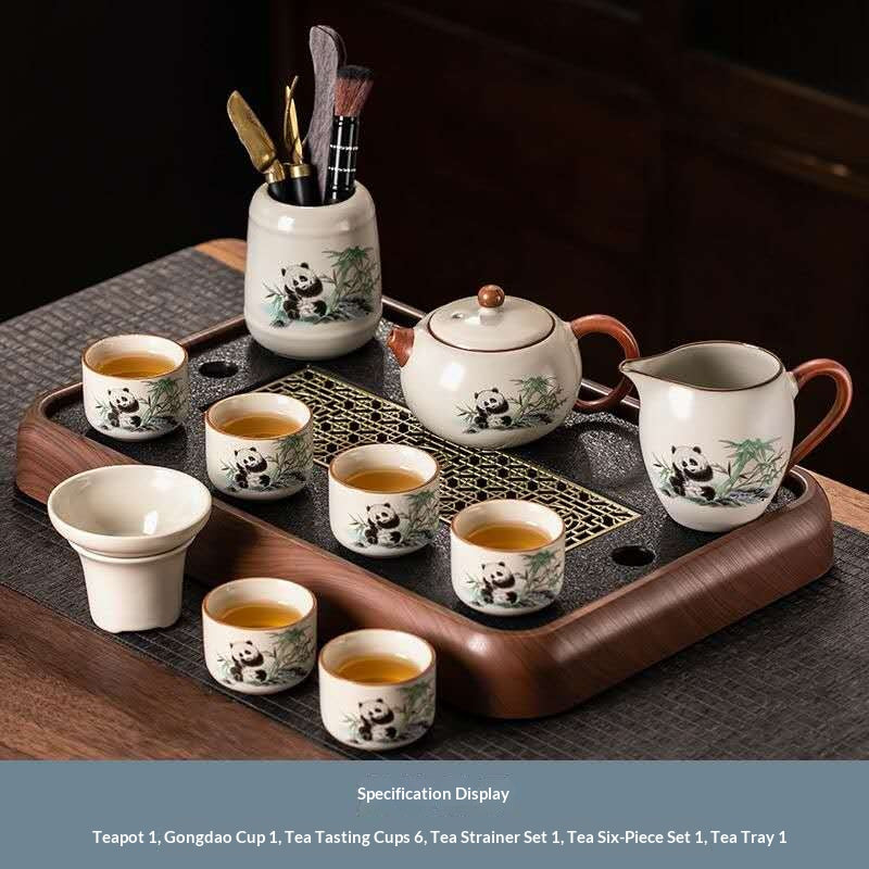 Deluxe Panda Gongfu Tea Set with Tools & Wooden Tray - 11-Piece Chinese Ceramic Teapot Kit | Adorable Bamboo Panda Porcelain Ceremony Set