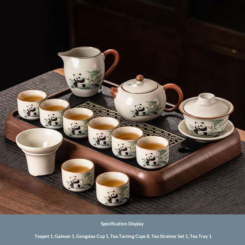 Deluxe Panda Gongfu Tea Set with Gaiwan & Teapot - 12-Piece Chinese Ceramic Kit on Wooden Tray | Adorable Bamboo Panda Porcelain Ceremony Set