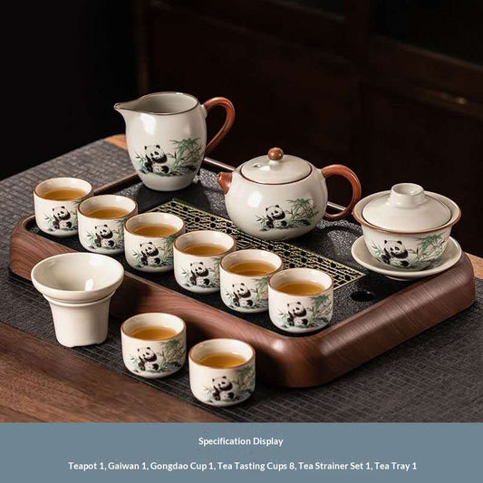 Deluxe Panda Gongfu Tea Set with Gaiwan & Teapot - 12-Piece Chinese Ceramic Kit on Wooden Tray | Adorable Bamboo Panda Porcelain Ceremony Set