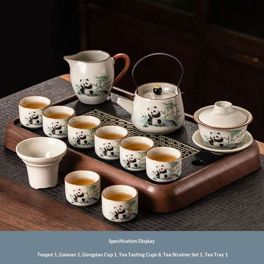 Deluxe Panda Gongfu Tea Set with Gaiwan & Wire Handle Teapot - 12-Piece Chinese Ceramic Kit on Wooden Tray | Adorable Bamboo Panda Porcelain Ceremony Set