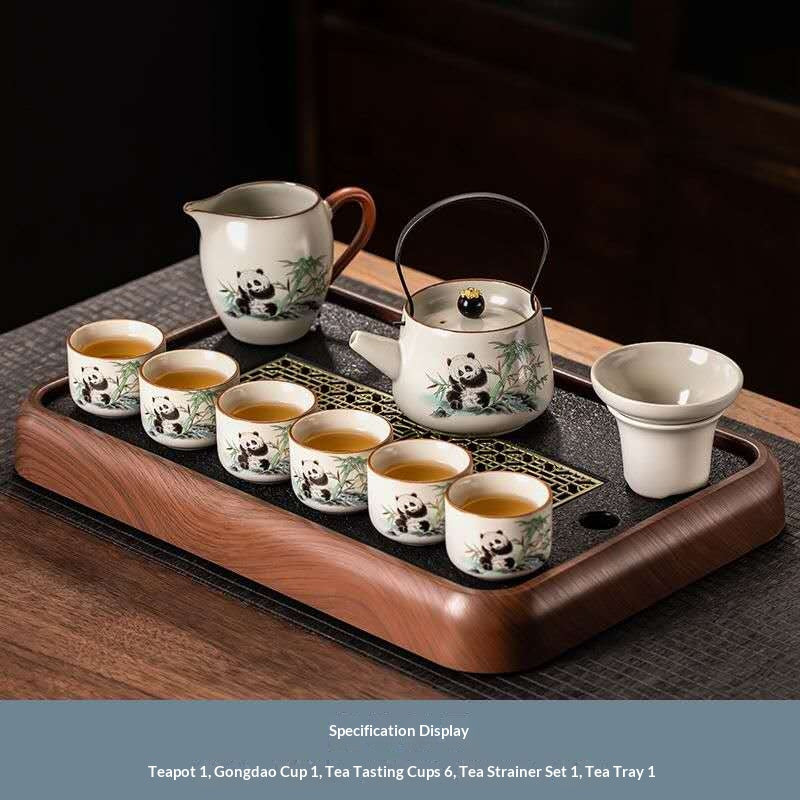 Cute Panda Gongfu Tea Set with Wooden Tray - 10-Piece Chinese Ceramic Teapot & Gaiwan Kit | Adorable Bamboo Panda Porcelain Ceremony Set