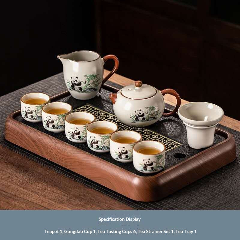 Cute Panda Gongfu Tea Set with Wooden Tray - 10-Piece Chinese Ceramic Teapot Kit | Adorable Bamboo Panda Porcelain Ceremony Set