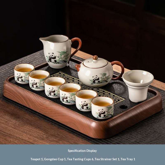 Cute Panda Gongfu Tea Set with Wooden Tray - 10-Piece Chinese Ceramic Teapot Kit | Adorable Bamboo Panda Porcelain Ceremony Set