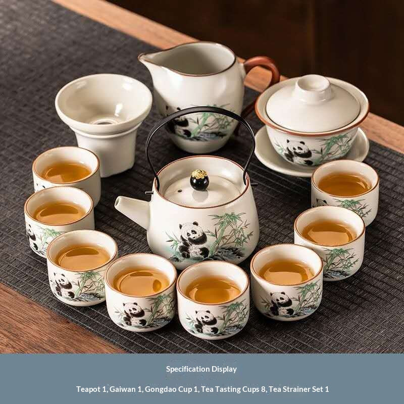 Deluxe Panda Gongfu Tea Set with Gaiwan & Wire Handle Teapot - 12-Piece Chinese Ceramic Kit | Adorable Bamboo Panda Porcelain Ceremony Set