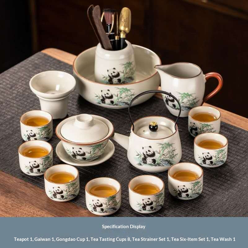 Ultimate Deluxe Panda Gongfu Tea Set - 15-Piece Chinese Ceramic Kit with Gaiwan, Wire Handle Teapot & Full Tools | Adorable Bamboo Panda Porcelain Ceremony Set