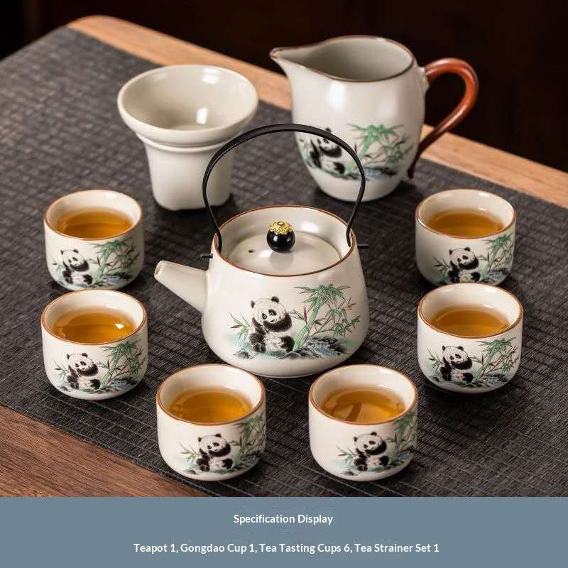 Cute Panda Gongfu Tea Set with Wire Handle - 9-Piece Chinese Ceramic Teapot Kit with Fairness Pitcher & Strainer | Adorable Bamboo Panda Porcelain Ceremony Set