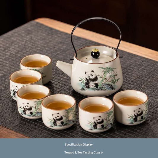 Cute Panda Gongfu Tea Set with Wire Handle - 7-Piece Chinese Ceramic Teapot & Tasting Cups | Adorable Bamboo Panda Porcelain Tea Ceremony Kit