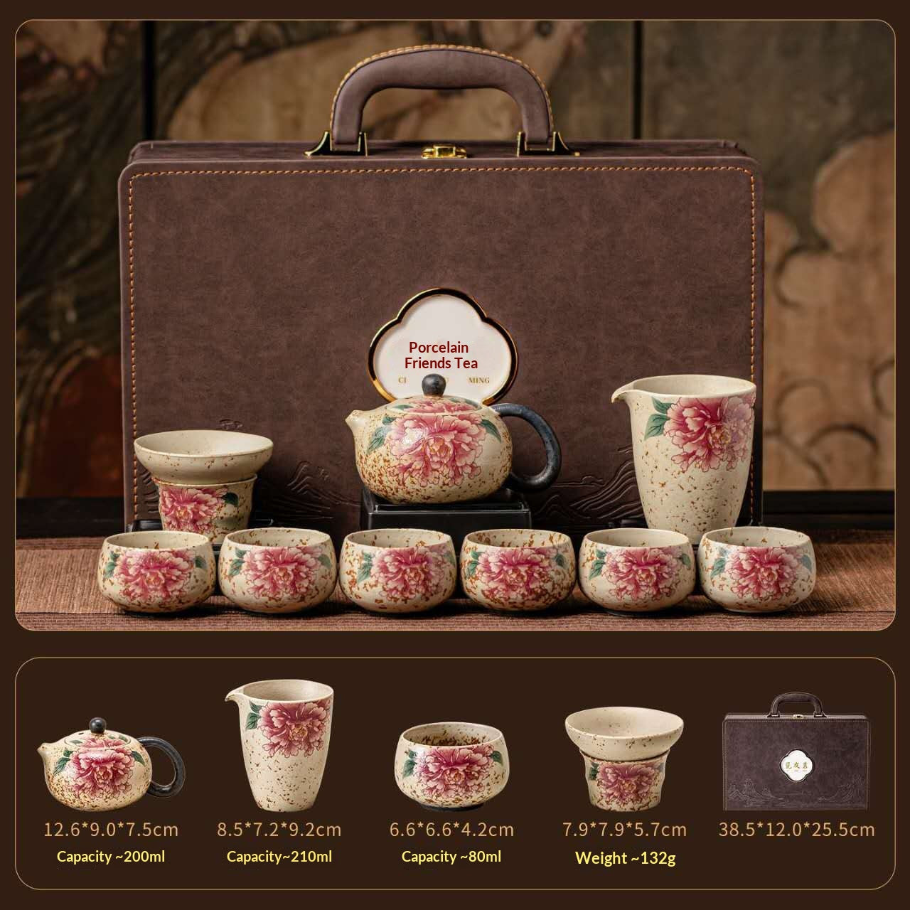 Luxury Chinese Kung Fu Tea Set with Premium Gift Case – Vintage Floral Ceramic Gongfu Tea Set with Teapot, 6 Tea Cups, Fair Cup & Tea Filter | Oriental Wellness Tea Ceremony Gift Set