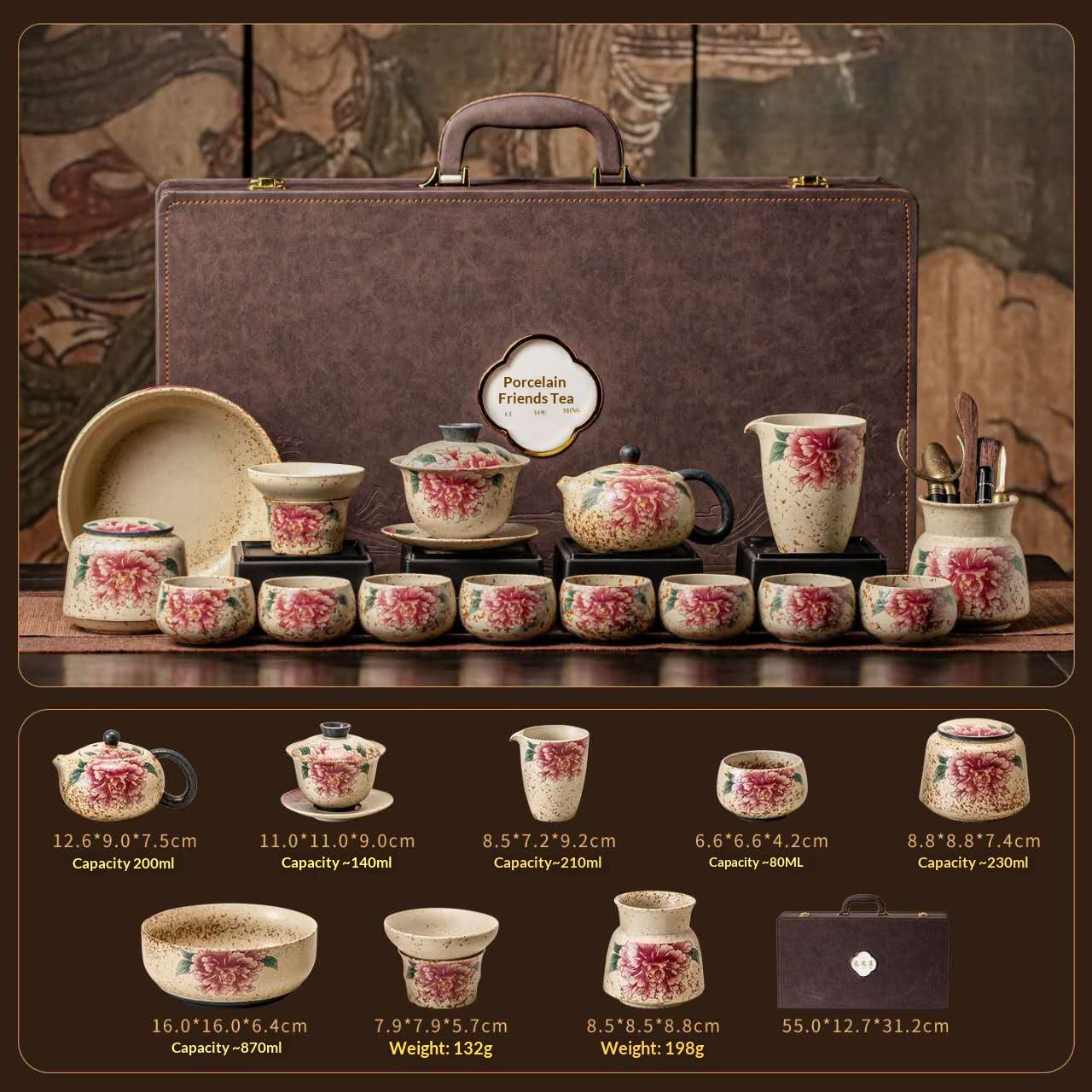 Ultimate Deluxe Peony Prosperity Gongfu Tea Set - 15-Piece Chinese Ceramic Kit in Luxury Leather Gift Box | Elegant Floral Porcelain Ceremony Set