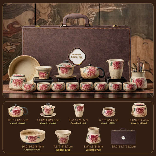 Ultimate Deluxe Peony Prosperity Gongfu Tea Set - 15-Piece Chinese Ceramic Kit in Luxury Leather Gift Box | Elegant Floral Porcelain Ceremony Set