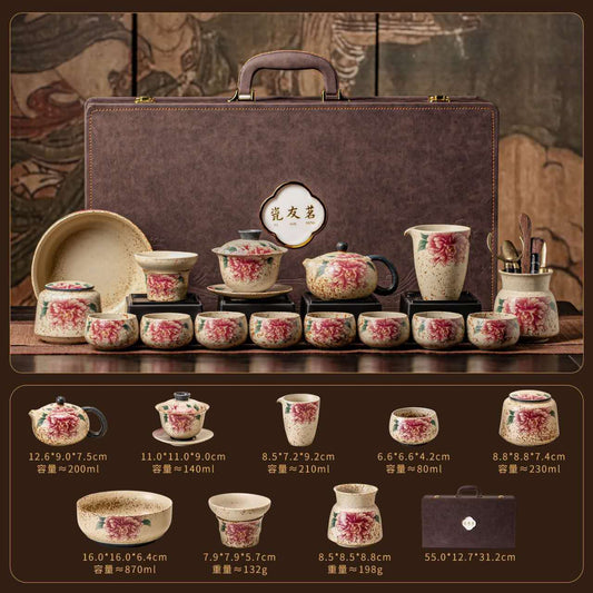 Premium Chinese Kung Fu Tea Set with Luxury Travel Case – Vintage Floral Ceramic Gongfu Tea Ceremony Set with Gaiwan, Teapot, Tea Cups & Tea Canister | Oriental Wellness Tea Gift Set