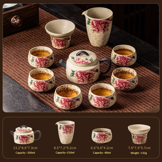 Peony Prosperity Gongfu Tea Set with Dark Handle Teapot - 9-Piece Chinese Ceramic Kit | Elegant Floral Porcelain Ceremony Set