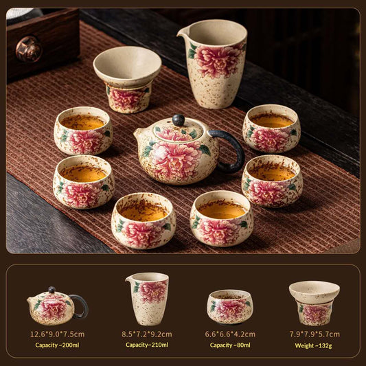 Peony Prosperity Gongfu Tea Set with Black Knob Teapot - 9-Piece Chinese Ceramic Kit | Elegant Floral Porcelain Ceremony Set