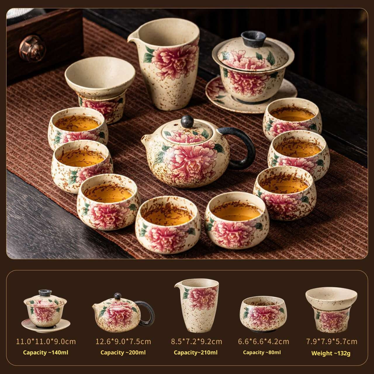Peony Prosperity Gongfu Tea Set with Gaiwan & Teapot - 9-Piece Chinese Ceramic Kit | Elegant Floral Porcelain Ceremony Set