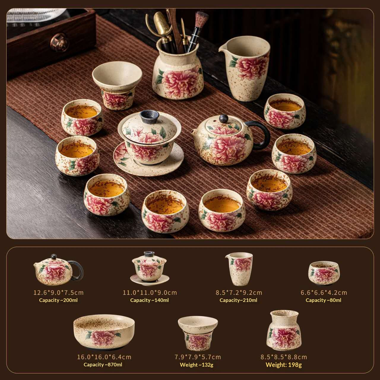 Ultimate Deluxe Peony Prosperity Gongfu Tea Set - 15-Piece Chinese Ceramic Kit in Luxury Leather Gift Box | Elegant Floral Porcelain Ceremony Set