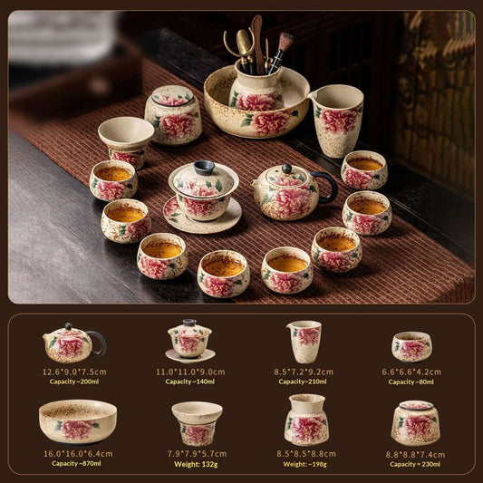 Peony Prosperity Gongfu Tea Set on Wooden Drainage Tray - 9-Piece Chinese Ceramic Kit | Elegant Floral Yangsheng Ceremony Set